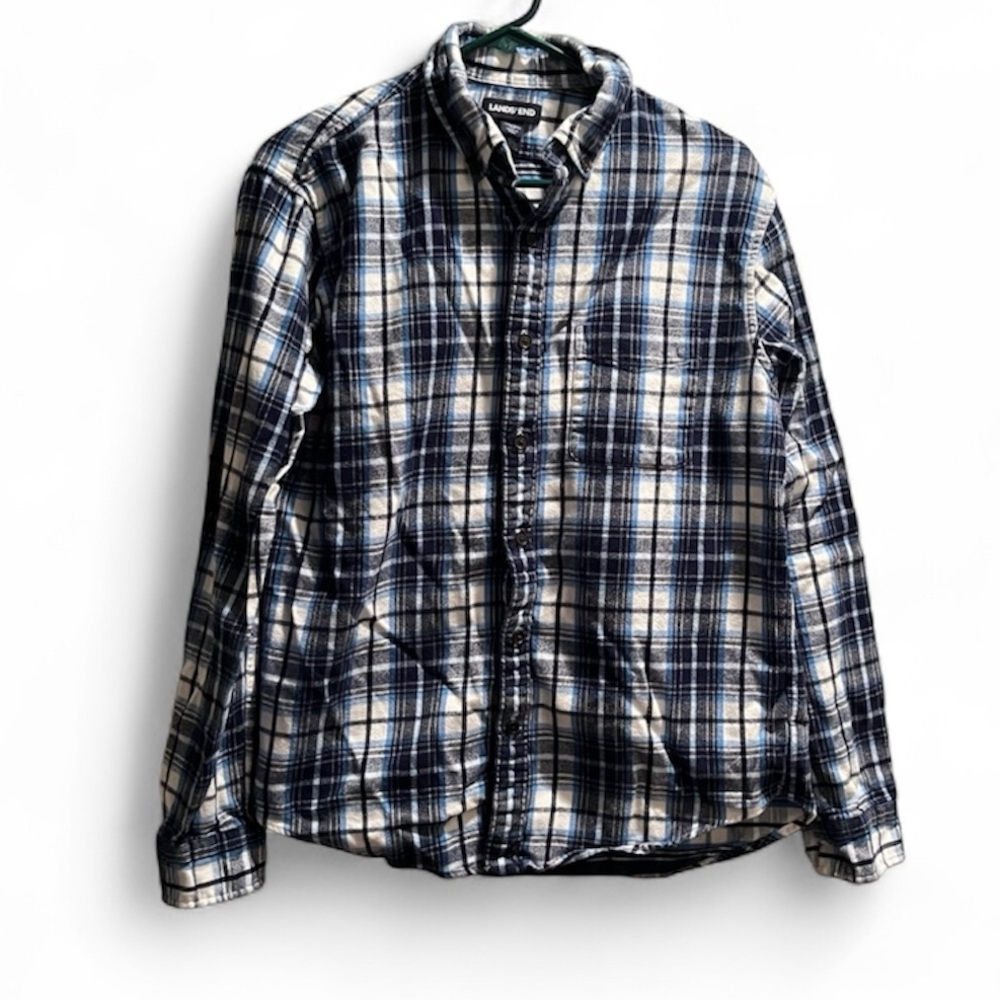 Lands’ End Tailored Fit Blue/White Plaid Button Down Top